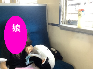 いさりび鉄道に乗って発車を待つ娘の写真